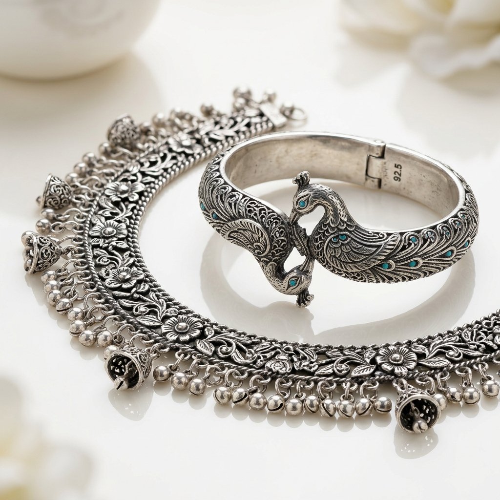 92.5 Sterling Silver Carved Peacock Kada